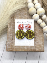 Load image into Gallery viewer, Handpainted Distressed Wooden Tennis earrings - beaded topper