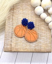 Load image into Gallery viewer, Handpainted Distressed Wooden Basketball earrings - beaded topper