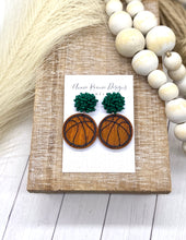 Load image into Gallery viewer, Handpainted Distressed Wooden Basketball earrings - beaded topper