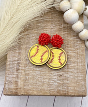 Load image into Gallery viewer, Handpainted Distressed Wooden Softball earrings - beaded topper