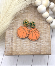 Load image into Gallery viewer, Handpainted Distressed Wooden Basketball earrings - beaded topper