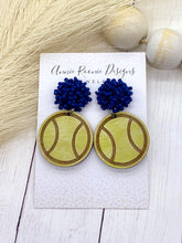 Load image into Gallery viewer, Handpainted Distressed Wooden Tennis earrings - beaded topper
