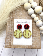 Load image into Gallery viewer, Handpainted Distressed Wooden Tennis earrings - beaded topper