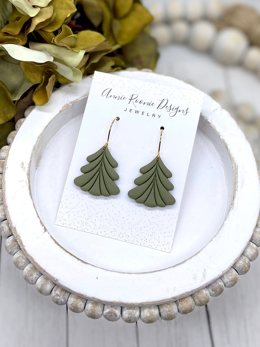 Olive Green Polymer clay Christmas Tree earrings – Annie Roonie Designs, image size:900x1200