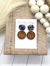 Load image into Gallery viewer, Handpainted Distressed Wooden Basketball earrings - beaded topper
