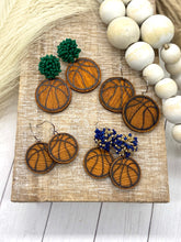 Load image into Gallery viewer, Handpainted Distressed Wooden Basketball earrings - beaded topper