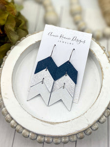 Stacked Chevron earrings in Navy, Silver, & White leather