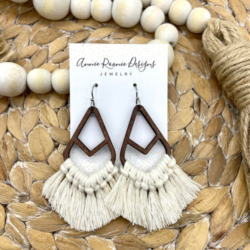 Cream Macrame + Wood earrings