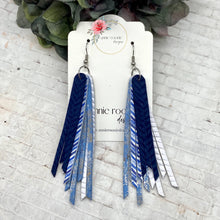 Load image into Gallery viewer, Skinny Fringed Earrings in Navy, White, & Light Blue leathers