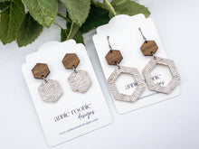 Load image into Gallery viewer, Wood + Leather Hexagon earrings