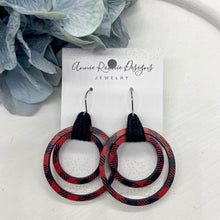 Load image into Gallery viewer, Red Buffalo Plaid Wood hoop earrings