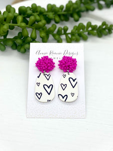 White & Black hearts clay earrings