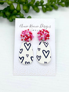 White & Black hearts clay earrings