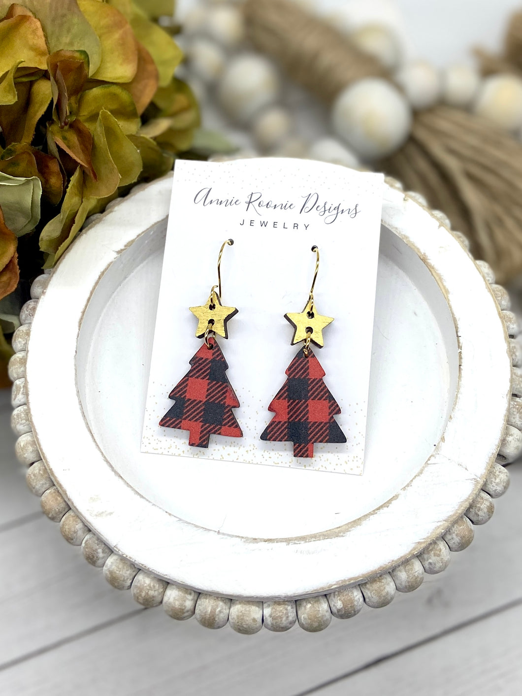 Red Buffalo Plaid Wooden Christmas Tree earrings