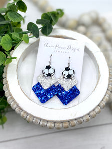 Soccer Vivi earrings in Royal Blue & White glitter leathers