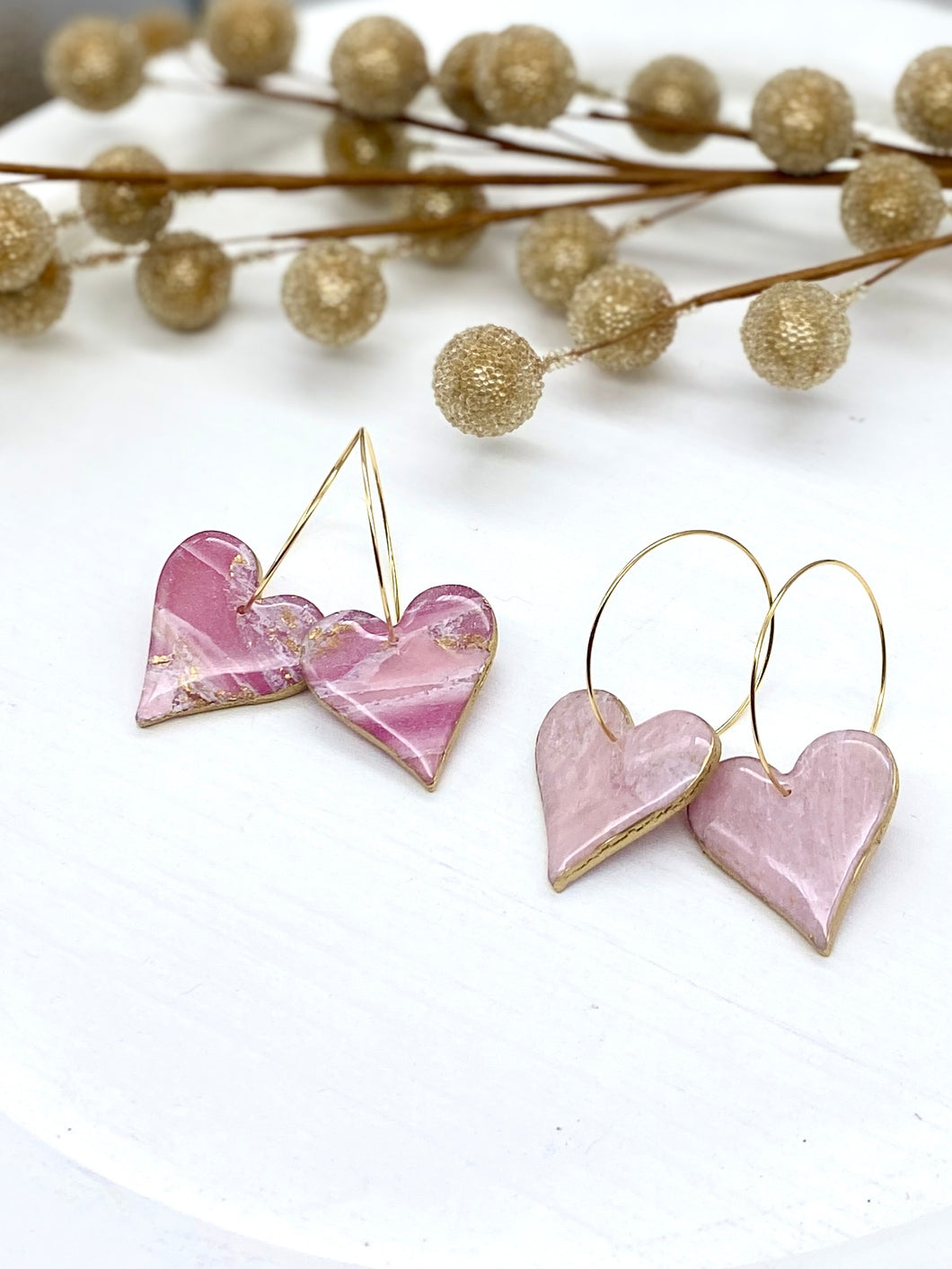 Light Pink Marbled Hearts clay earrings