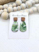 Load image into Gallery viewer, Green, White, Gold &amp; Wood Marbled Clay Oblong earrings