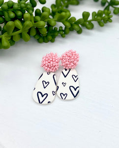 White & Black hearts clay earrings