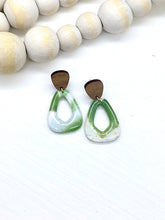 Load image into Gallery viewer, Green, White, Gold &amp; Wood Marbled Clay Cutout earring