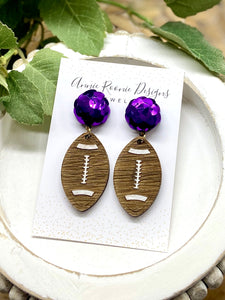 Handpainted Wooden Football earrings with pom pom toppers