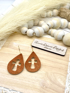 Rust Cork Cross Cutout Teardrop earrings