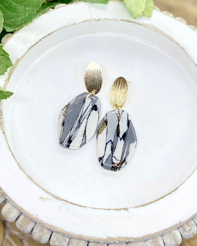 Gray, White, & Black Marble Clay abstract oblong earrings