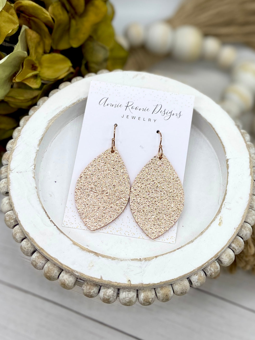 Rose Gold Pebbled Leather Marquis earrings