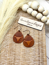 Load image into Gallery viewer, Handpainted Longhorn leather Teardrop earrings