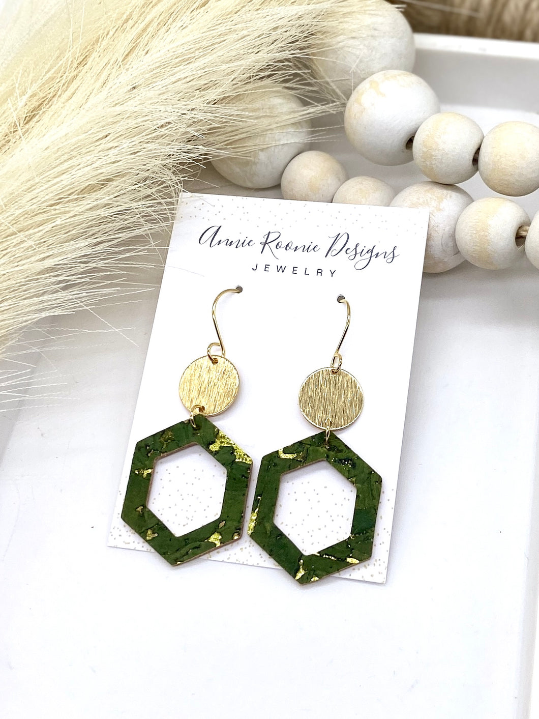 Green & Gold Cork Hexagon drop earrings