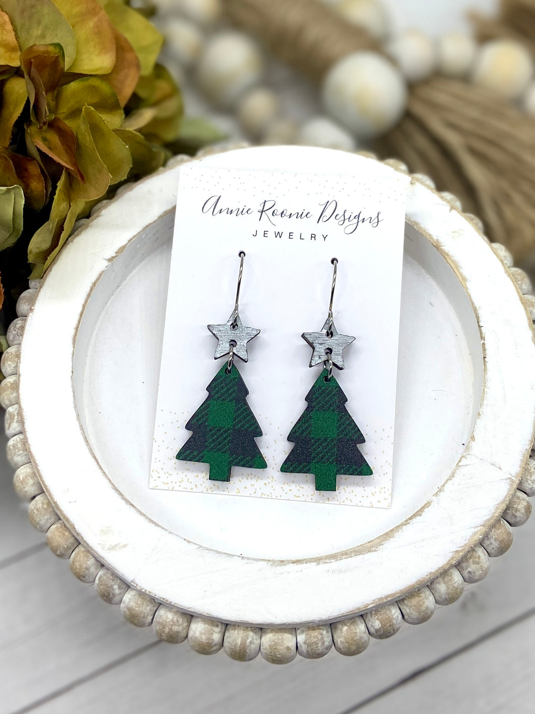 Green Buffalo Plaid Wooden Christmas Tree earrings