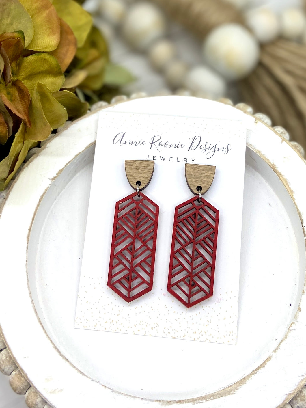 Handpainted Dark Red Wooden Filigree earrings