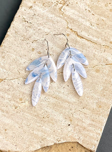 Transluscent White & Blue Floral Leaf Drop Clay earrings