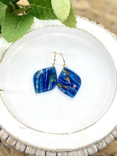 Load image into Gallery viewer, Blue &amp; Gold Marbled Clay Pointed Teardrop earrings