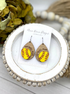 Softball Mom layered Wooden Teardrop earrings