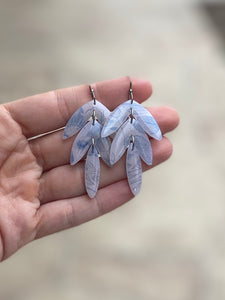 Transluscent White & Blue Floral Leaf Drop Clay earrings