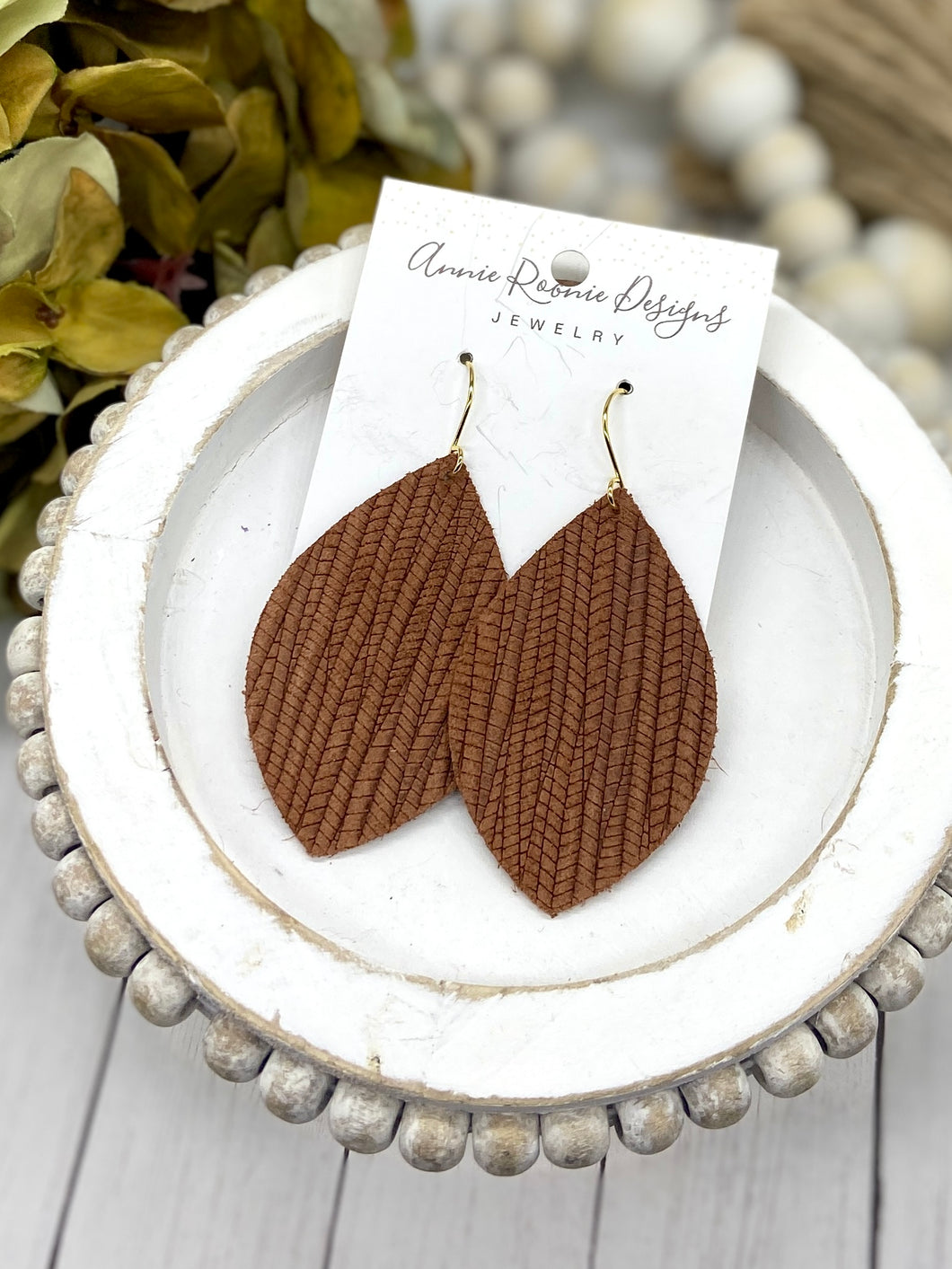Pecan Brown Striped Textured Suede Marquis earrings