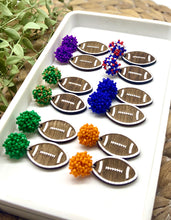 Load image into Gallery viewer, Handpainted Wooden Football earrings with pom pom toppers