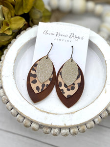 Leopard, Brown, & Platinum leather Triple Marquis earrings
