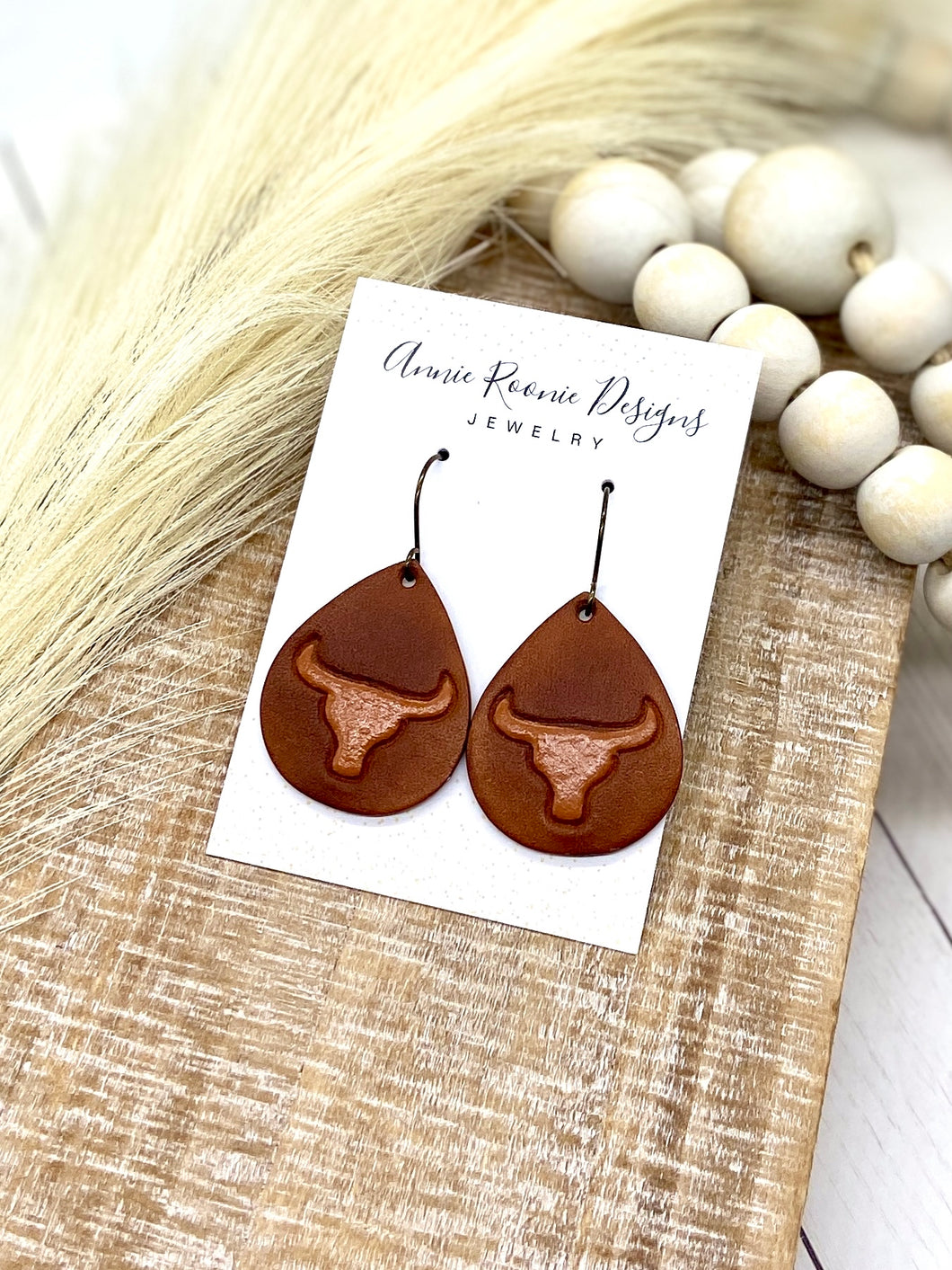 Handpainted Longhorn leather Teardrop earrings