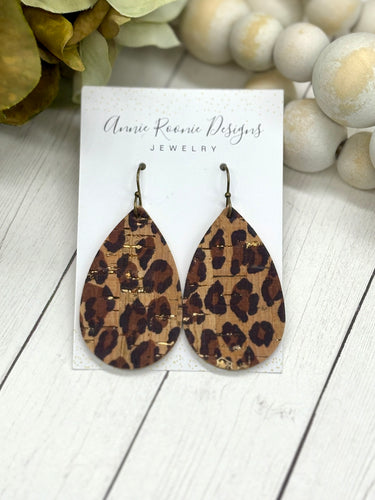 Leopard Cork Leather Teardrop earrings