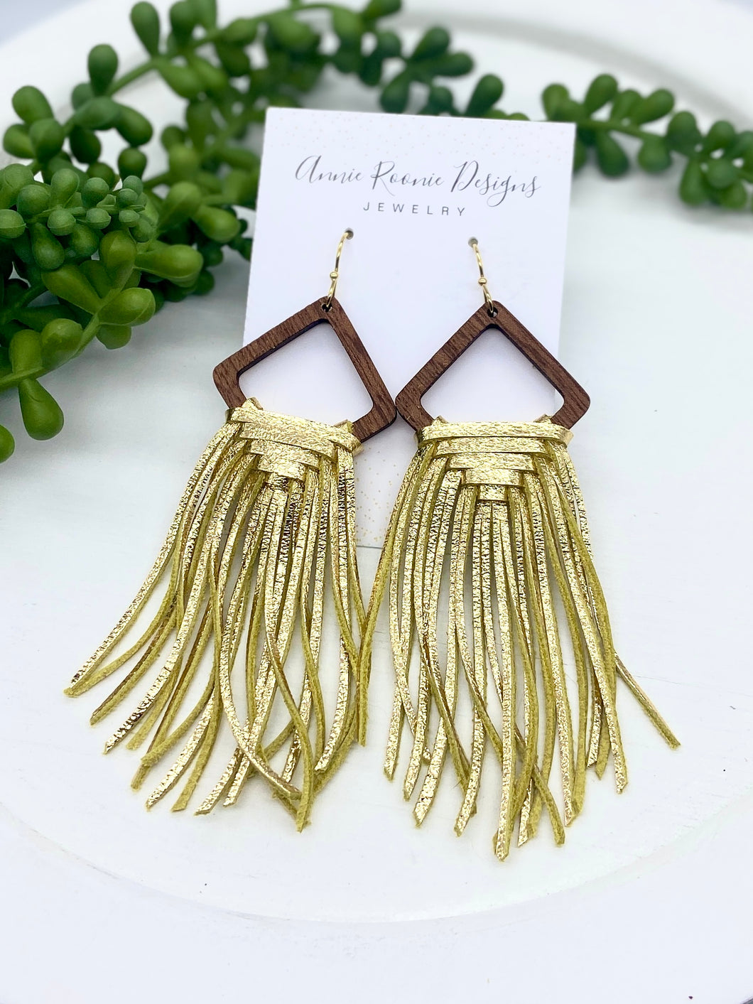 Woven Fringe Earrings in Gold Metallic leather