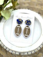 Load image into Gallery viewer, Handpainted Wooden Football earrings with pom pom toppers