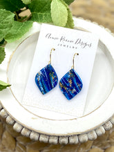 Load image into Gallery viewer, Blue &amp; Gold Marbled Clay Pointed Teardrop earrings