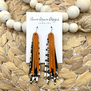 Orange & Black/White Striped leather skinny layered fringe earrings