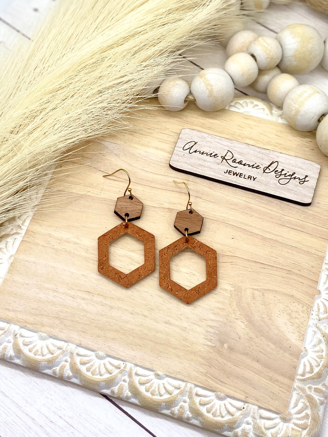 Rust Cork Hexagon drop earrings