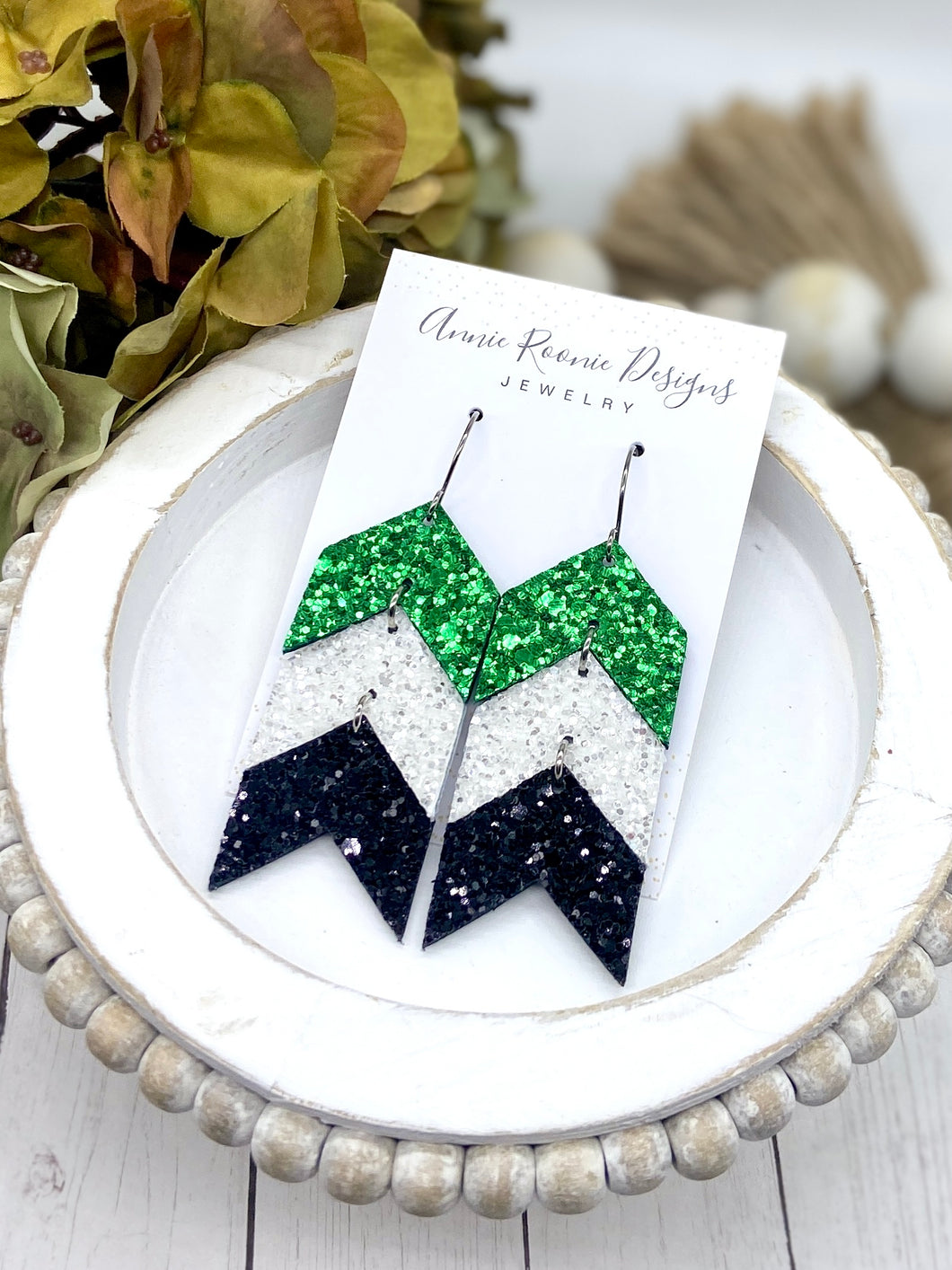 Stacked Chevron earrings in Green, White, & Black leather