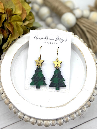 Green Buffalo Plaid Wooden Christmas Tree earrings