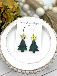 Green Buffalo Plaid Wooden Christmas Tree earrings