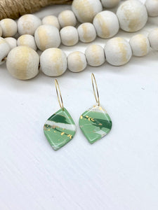 Green White & Gold Clay Pointed Teardrop earrings