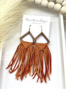 Woven Fringe Earrings in Sparkle Orange leather